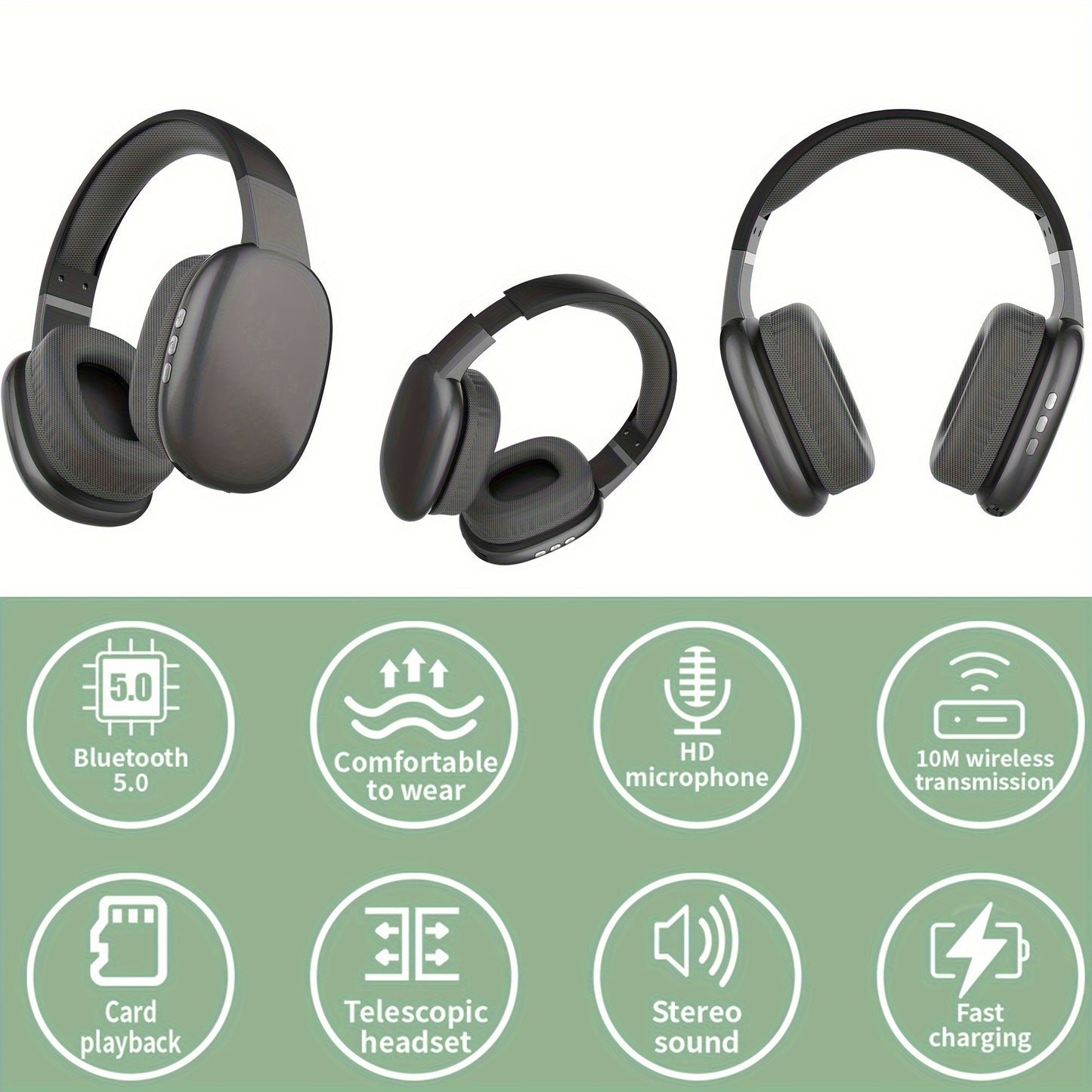 Wireless Over-Ear-Headphones, Casque Stéréo Avec Microphone, Basses Puissantes, Port De Charge USB-C, FM, SD/TF, Écouteurs De Sport, Casque De Jeu