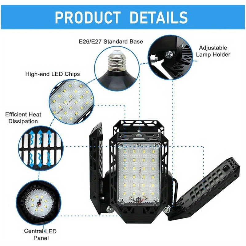 1pc LED Garage Light, 150W Deformable LED Garage Ceiling Lights,15000LM Garage Lights With 4 Adjustable Panels, E26/E27 LED Shop Lights For Garage, Basement, Barn, Workshop,High Bay Light