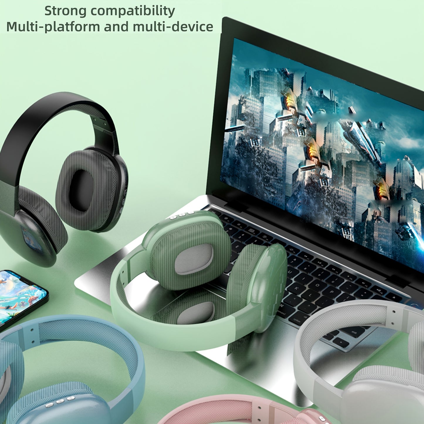 Wireless Over-Ear-Headphones, Casque Stéréo Avec Microphone, Basses Puissantes, Port De Charge USB-C, FM, SD/TF, Écouteurs De Sport, Casque De Jeu