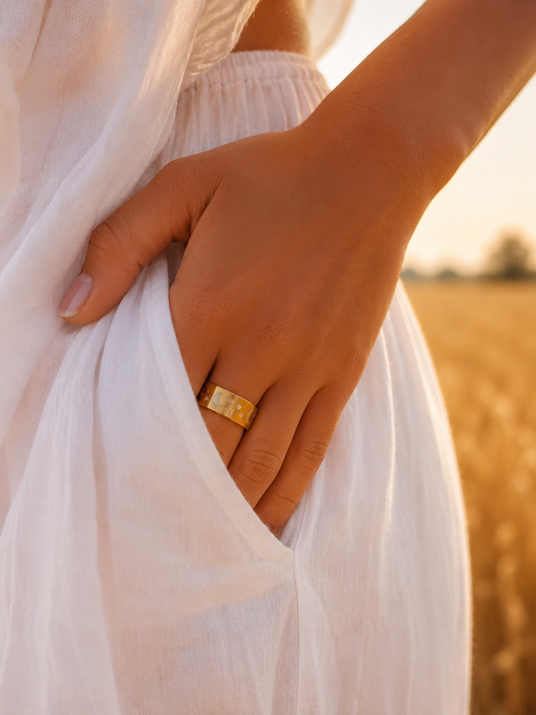 Bague Dorée Lune & Étoiles Gravées – Acier Inoxydable | Taille 20