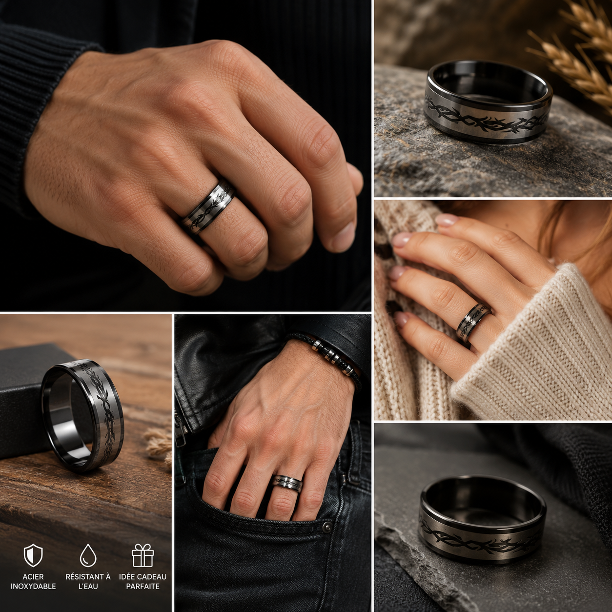 Bague Mixte en Acier Inoxydable Noir – Motif Tribal Gravé