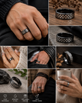 Bague Mixte Noire en Acier Inoxydable – Motif Damier Élégant