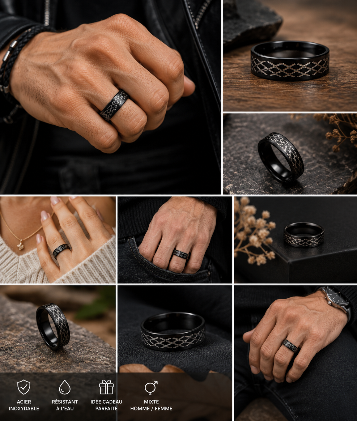 Bague Mixte Noire en Acier Inoxydable – Motif Tressé Élégant