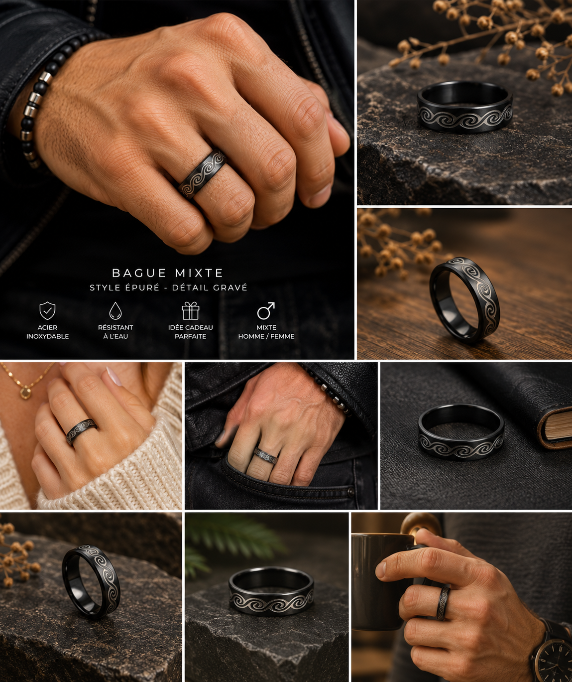 Bague Mixte Noire en Acier Inoxydable – Motif Vagues Gravées
