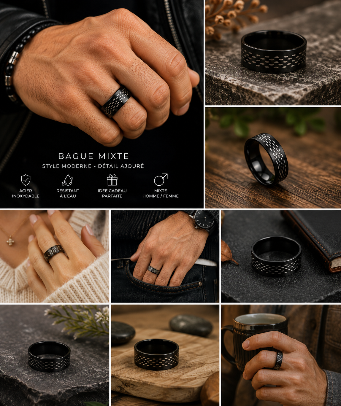 Bague Mixte Noire en Acier Inoxydable – Motif Perforé Moderne