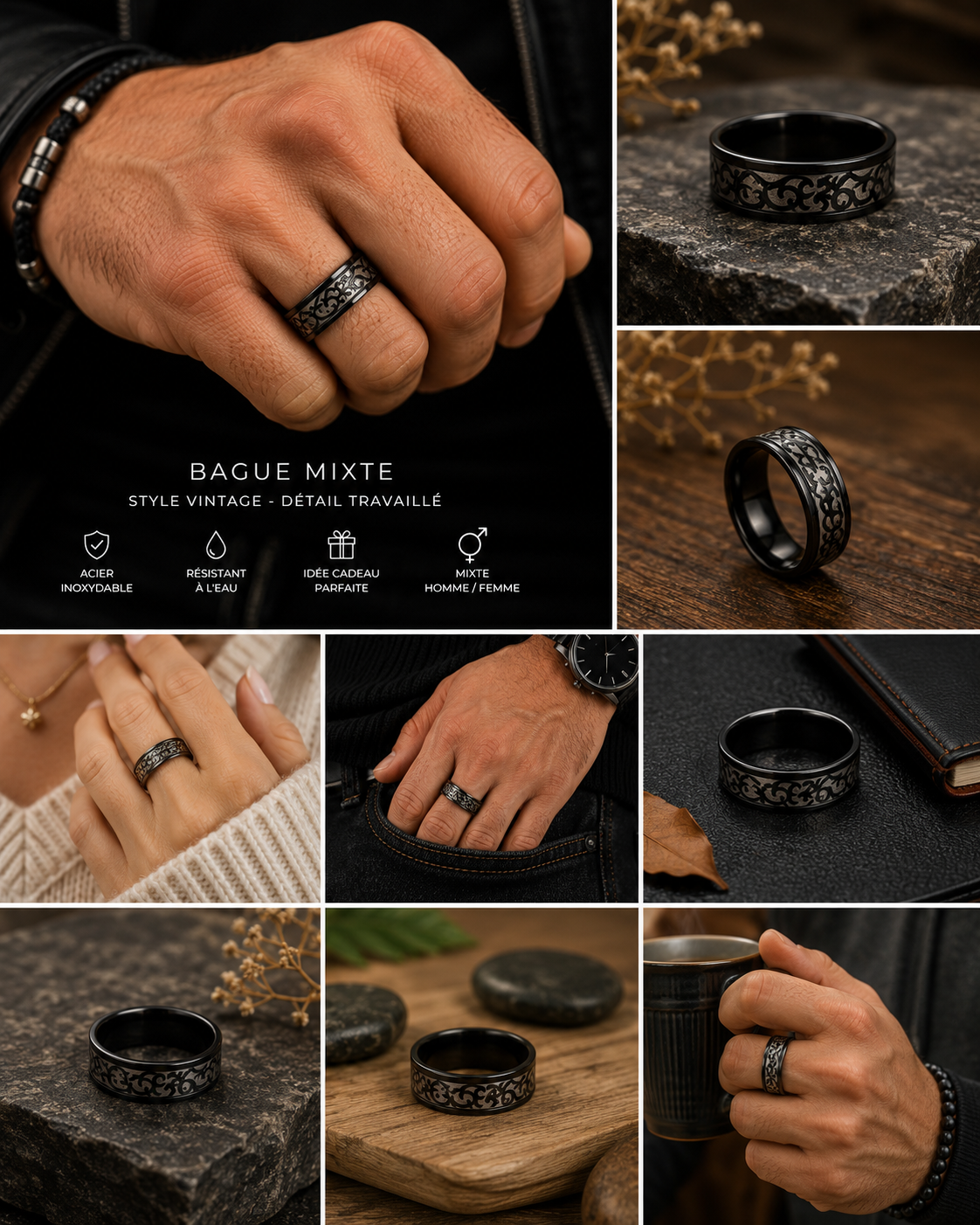 Bague Mixte Noire en Acier Inoxydable – Motif Arabesque Vintage