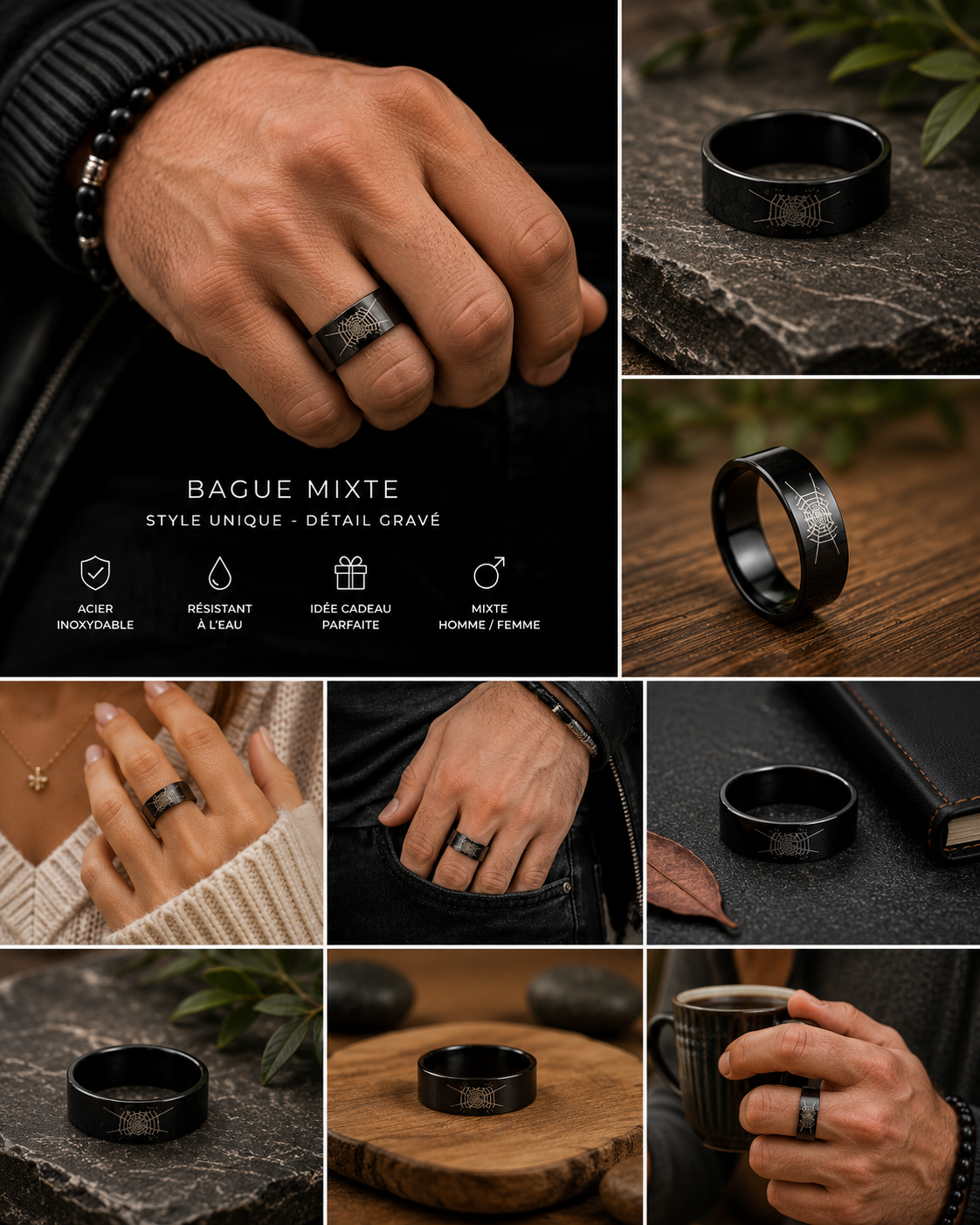 Bague Mixte Noire en Acier Inoxydable – Motif Toile Gravée
