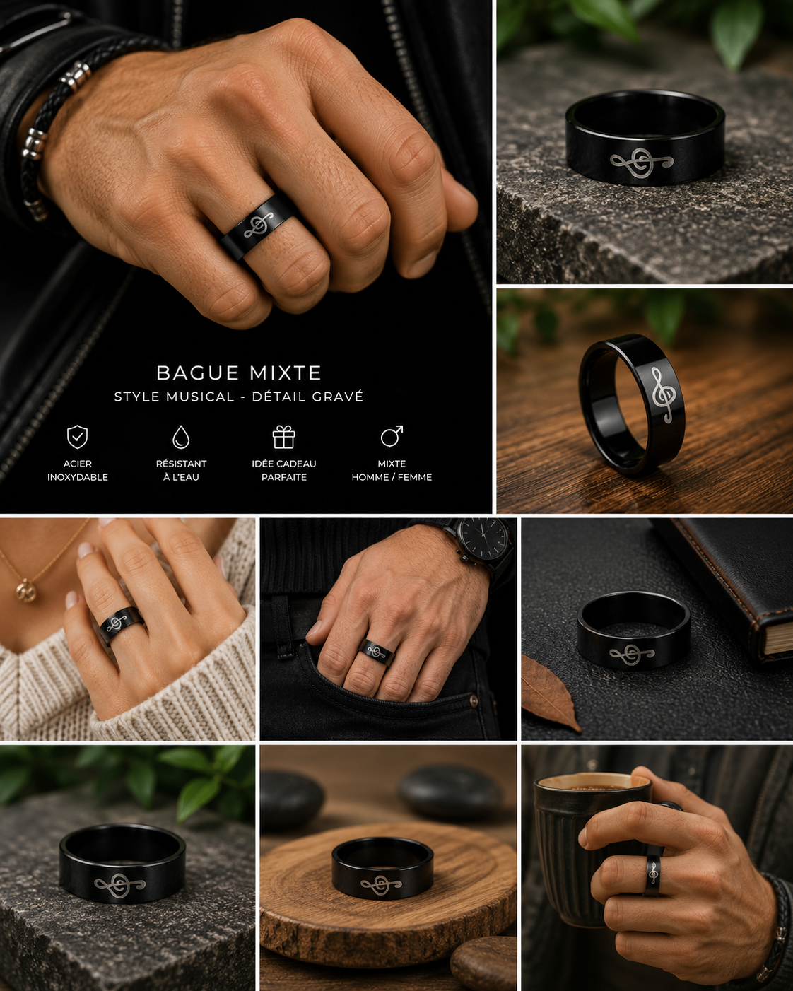 Bague Mixte Noire en Acier Inoxydable – Clé de Sol Gravée