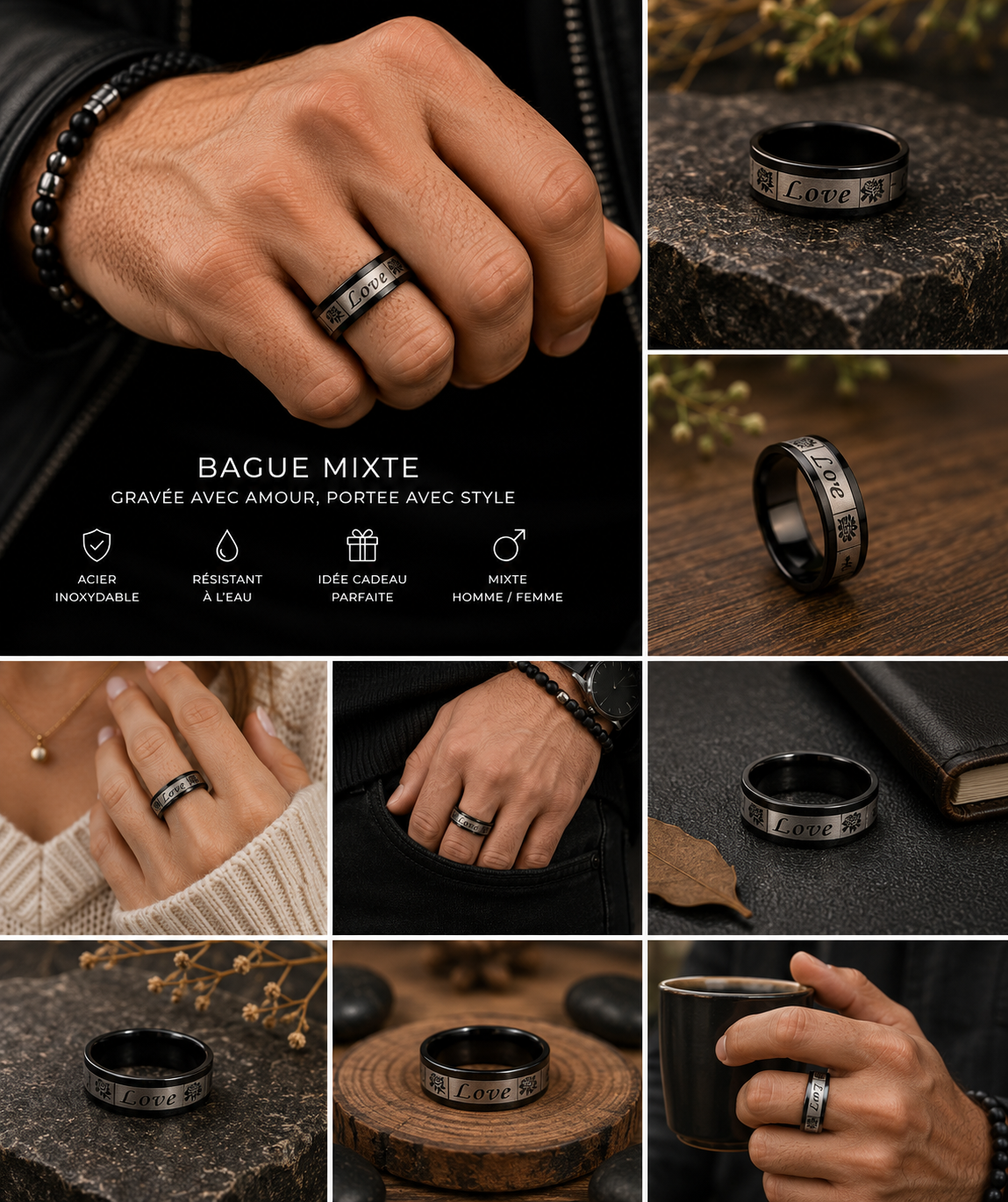 Bague Mixte Love en Acier Inoxydable Noir – Gravure Romantique