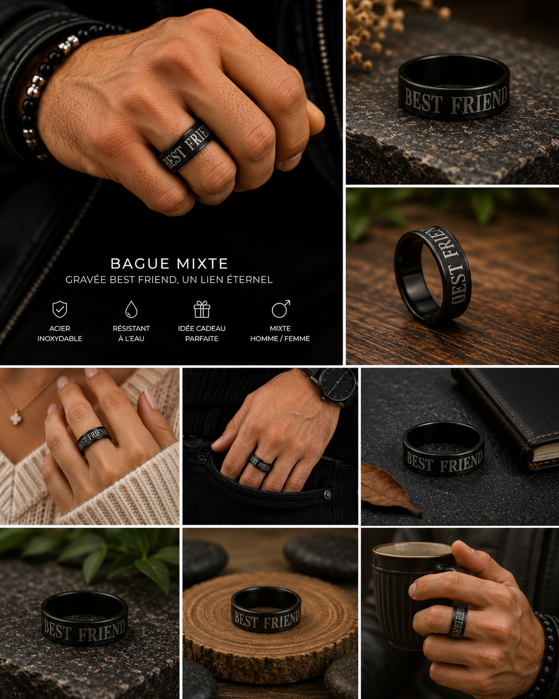 Bague Mixte Best Friend en Acier Inoxydable Noir – Gravure Amitié Éternelle
