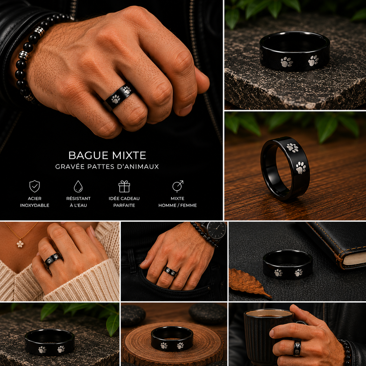 Bague Mixte Pattes d’Animaux en Acier Inoxydable Noir