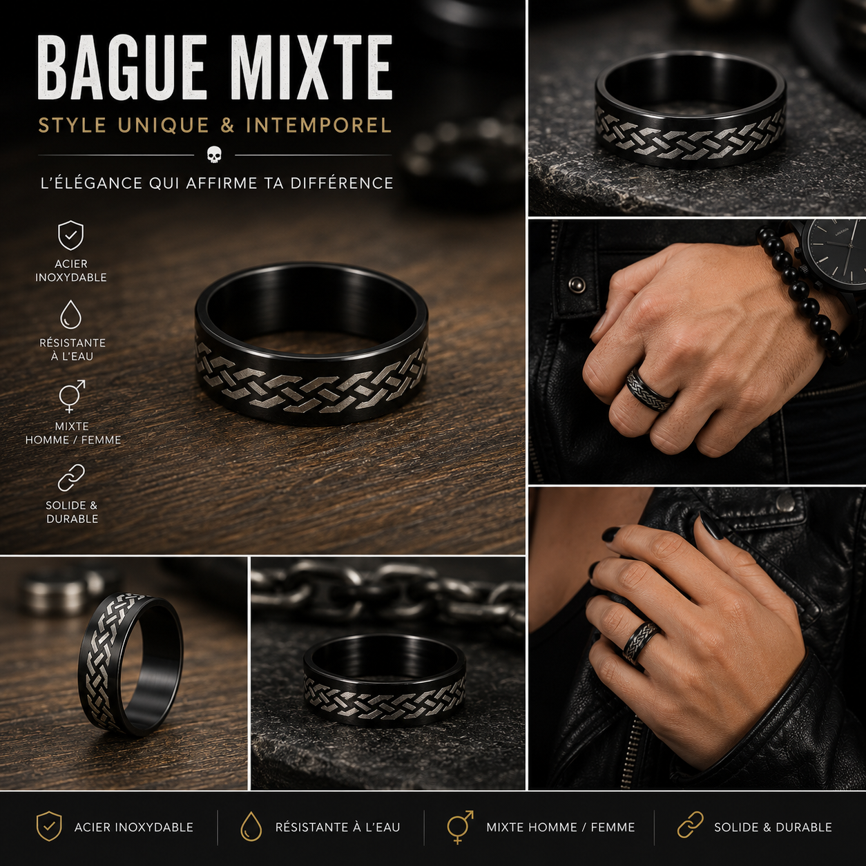 Bague Mixte Noire Motif Entrelacé en Acier Inoxydable – Style Intemporel