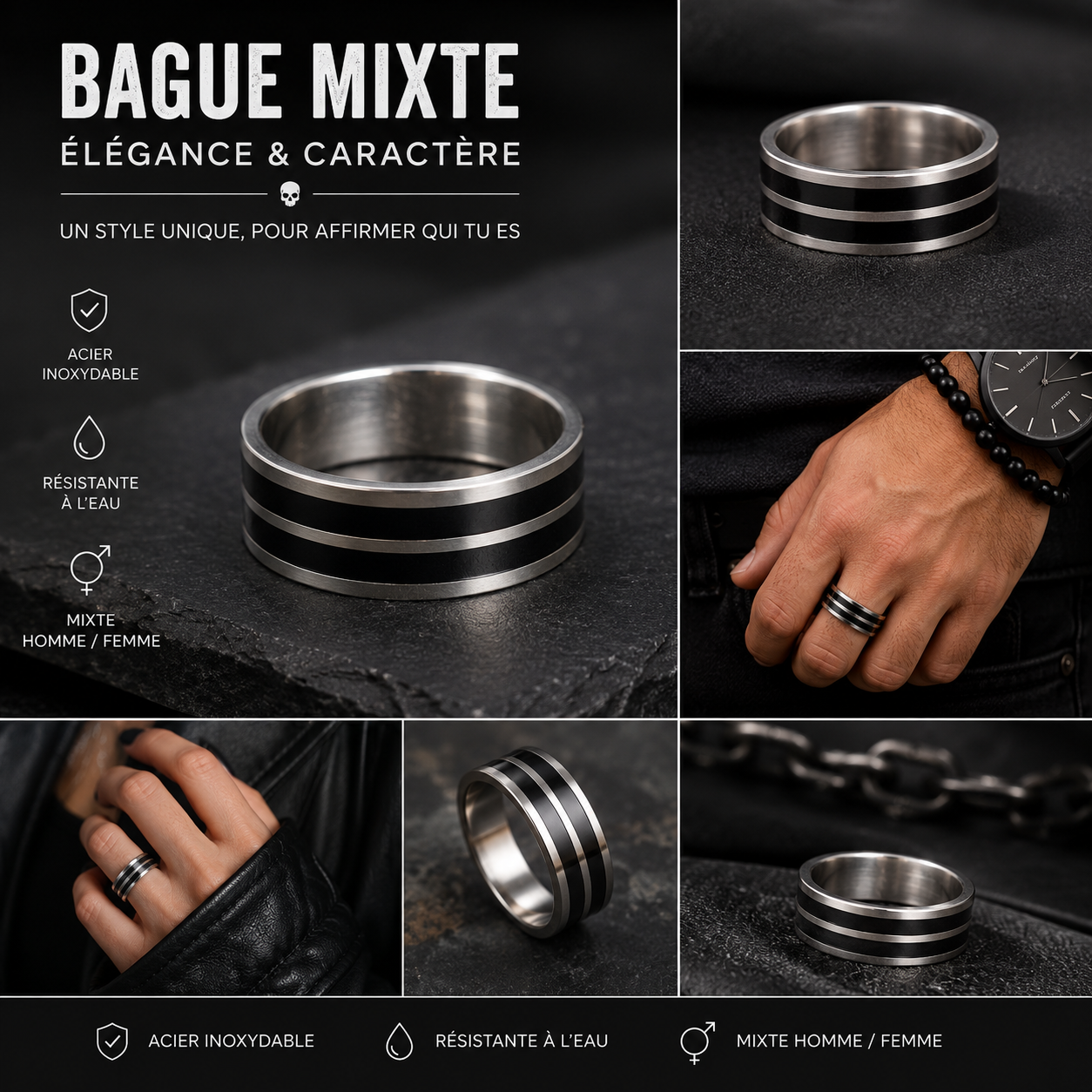 Bague Mixte Argentée et Noire en Acier Inoxydable – Élégance & Caractère