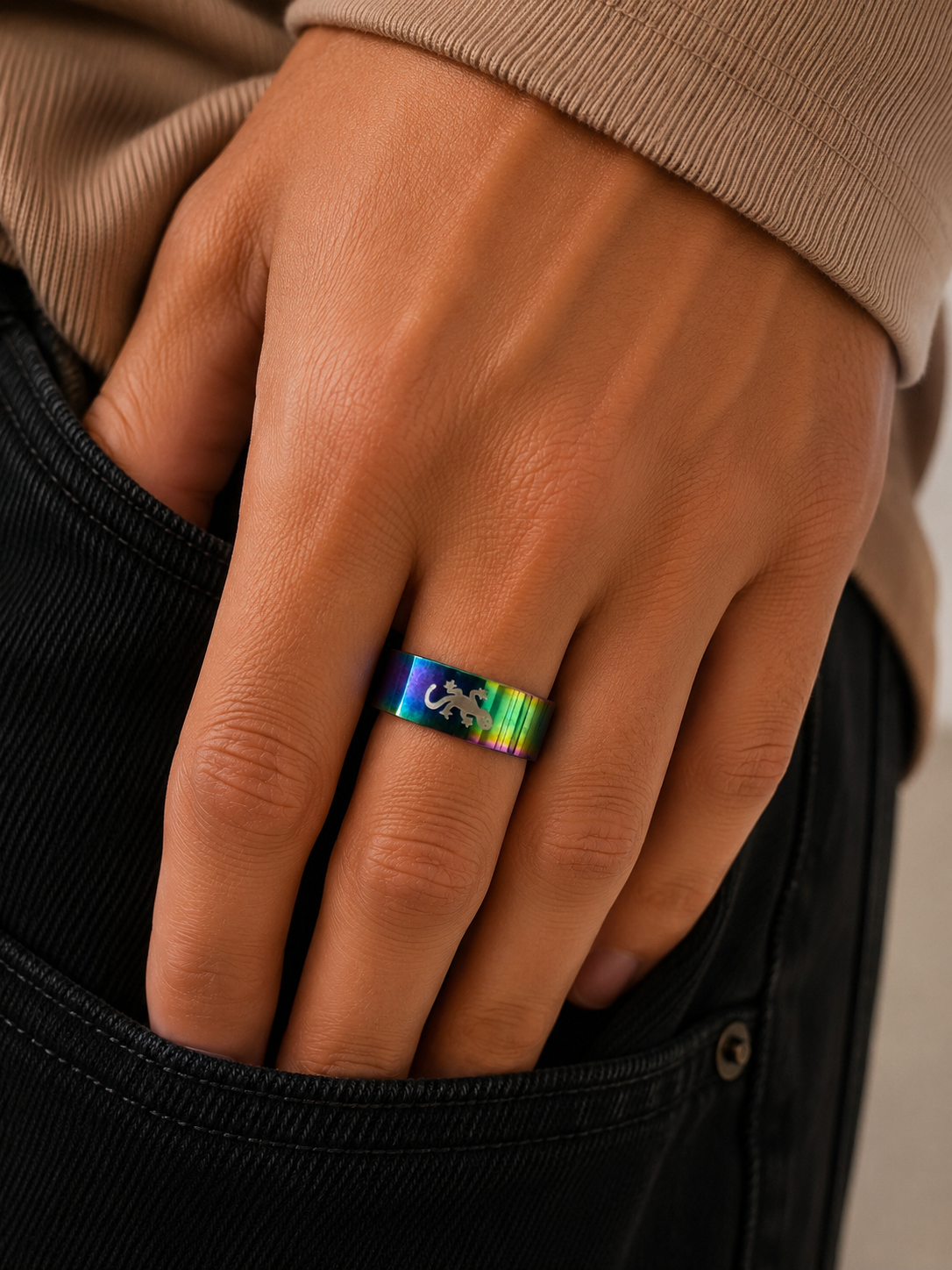Bague Gecko Arc-en-Ciel en Acier Inoxydable – Taille 17 (FR 54)