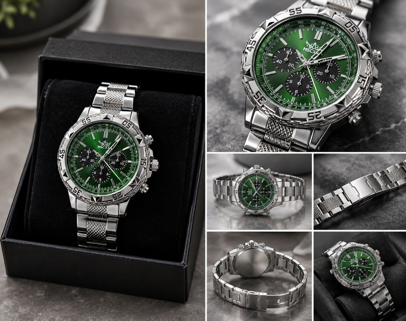 Montre Homme Cadran Vert & Bracelet Métal Argenté