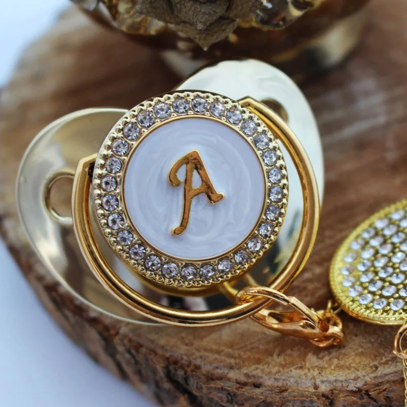 Gold Bling Name Initial Letter Baby Pacifier and Clip Alphabet Letter  Infant Pacifier Unique Name Initials Baby Shower Gifts