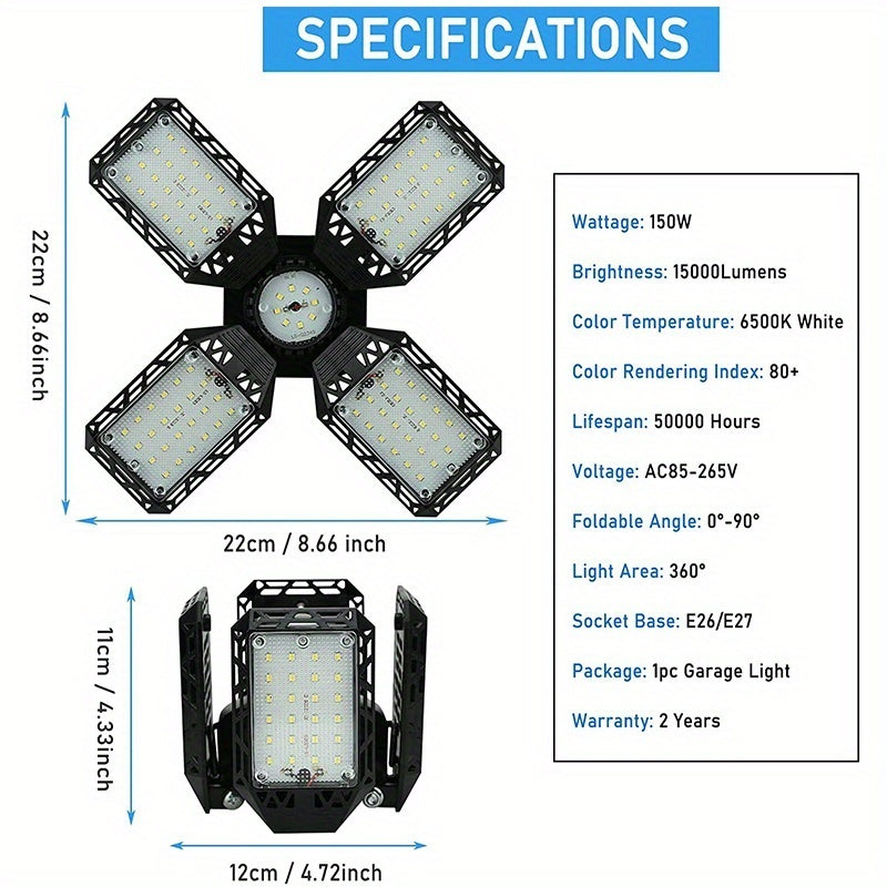 1pc LED Garage Light, 150W Deformable LED Garage Ceiling Lights,15000LM Garage Lights With 4 Adjustable Panels, E26/E27 LED Shop Lights For Garage, Basement, Barn, Workshop,High Bay Light