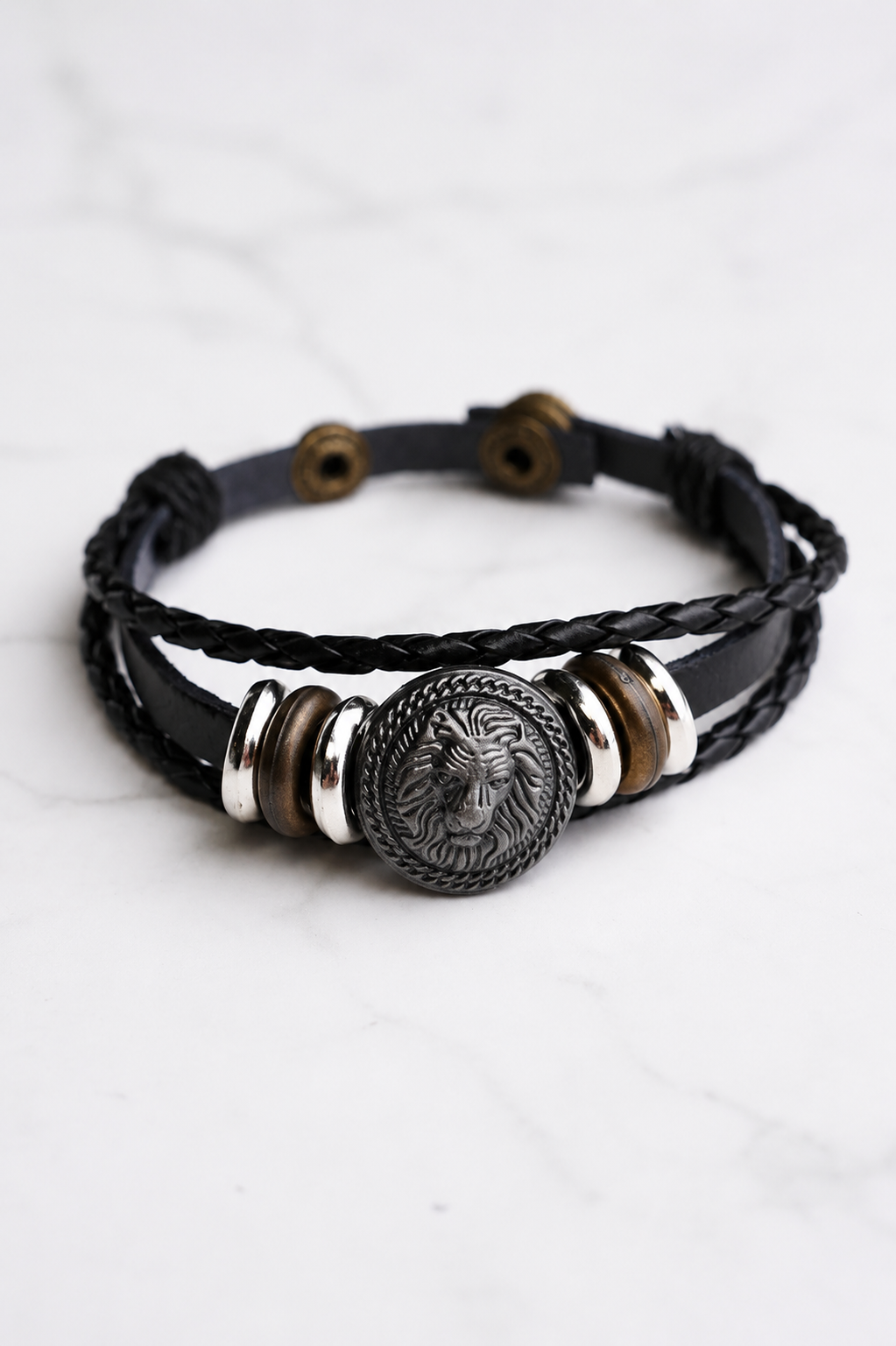 Bracelet cuir tête de lion – Présenté en écrin