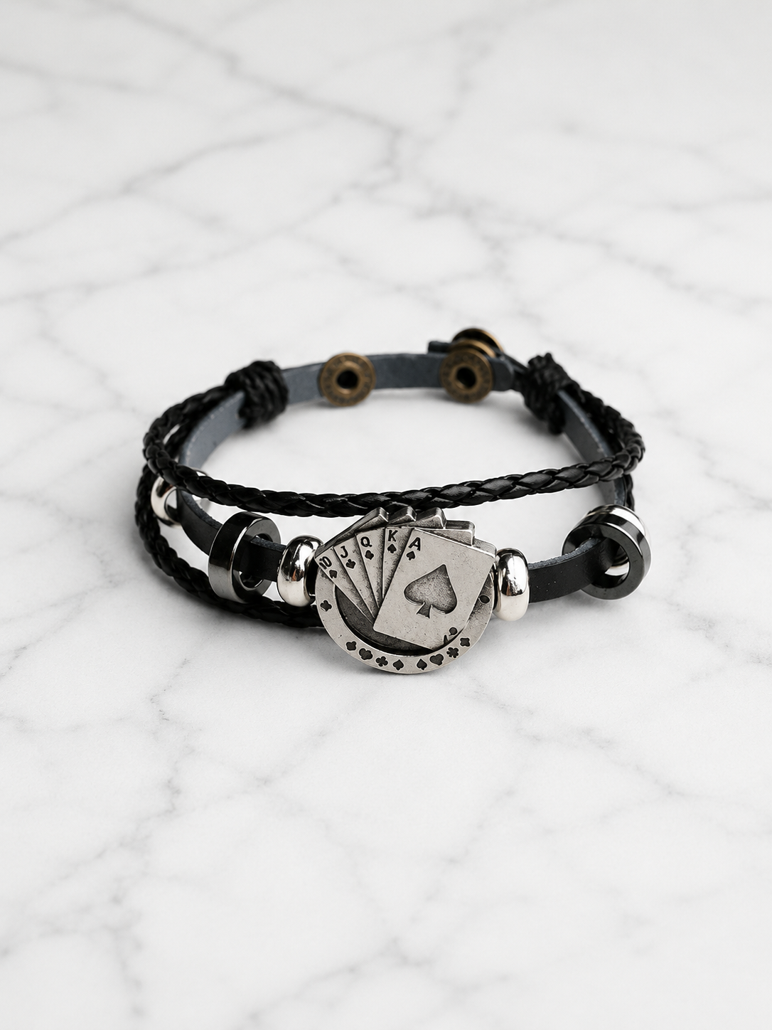 Bracelet poker en cuir et acier inoxydable – Présenté en écrin