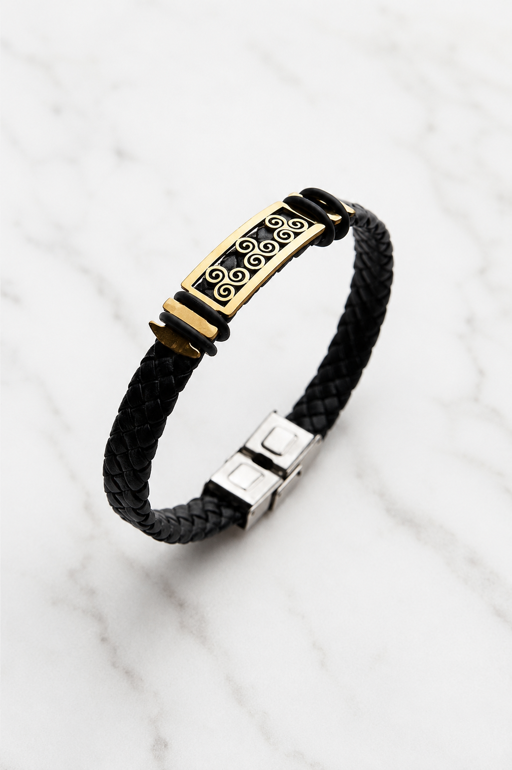 Bracelet triskell en cuir et acier inoxydable – Présenté en écrin